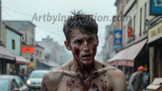 Twinkapocalypse, When Young Male Zombie Twinks, Attack. It's a zombie apocalypse, where young, handsome, freshly turned zombies, still handsome, and even sexy, wonder the city streets, looking for brains to eat. There are cars on fire, trash everywhere, chaos is in the amidst. A young man, covered with blood, dirty, with messy hair, with pale grey skin, dark circles around his eyes, and black lips, walking down a main city street. In this post-apocalyptic city, doing the classic, zombie walk, his head slightly tilted, mouth slightly opened, moaning, brains.