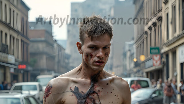 Twinkapocalypse, When Young Male Zombie Twinks, Attack. It's a zombie apocalypse, where young, handsome, freshly turned zombies, still handsome, and even sexy, wonder the city streets, looking for brains to eat. There are cars on fire, trash everywhere, chaos is in the amidst. A young man, covered with blood, dirty, with messy hair, with pale grey skin, dark circles around his eyes, and black lips, walking down a main city street. In this post-apocalyptic city, doing the classic, zombie walk, his head slightly tilted, mouth slightly opened, moaning, brains.