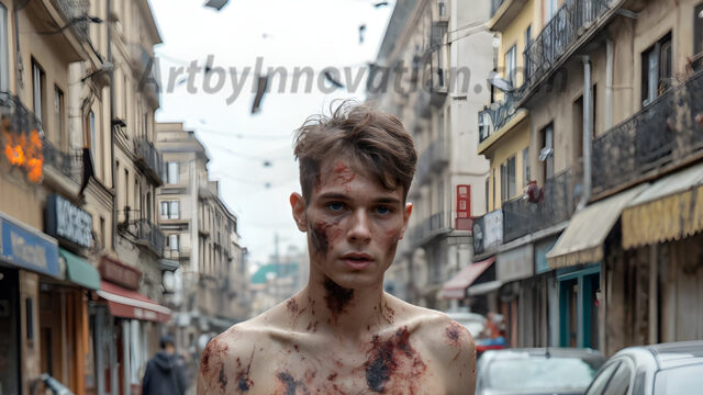 Twinkapocalypse, When Young Male Zombie Twinks, Attack. It's a zombie apocalypse, where young, handsome, freshly turned zombies, still handsome, and even sexy, wonder the city streets, looking for brains to eat. There are cars on fire, trash everywhere, chaos is in the amidst. A young man, covered with blood, dirty, with messy hair, with pale grey skin, dark circles around his eyes, and black lips, walking down a main city street. In this post-apocalyptic city, doing the classic, zombie walk, his head slightly tilted, mouth slightly opened, moaning, brains.