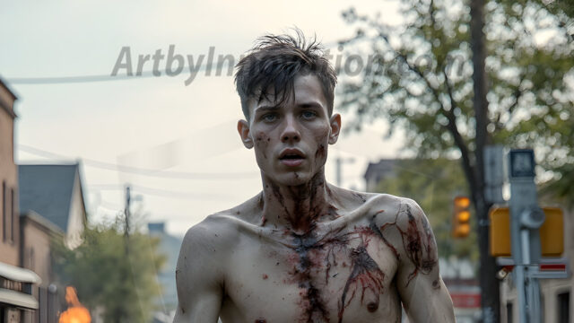 Twinkapocalypse, When Young Male Zombie Twinks, Attack. It's a zombie apocalypse, where young, handsome, freshly turned zombies, still handsome, and even sexy, wonder the city streets, looking for brains to eat. There are cars on fire, trash everywhere, chaos is in the amidst. A young man, covered with blood, dirty, with messy hair, with pale grey skin, dark circles around his eyes, and black lips, walking down a main city street. In this post-apocalyptic city, doing the classic, zombie walk, his head slightly tilted, mouth slightly opened, moaning, brains.