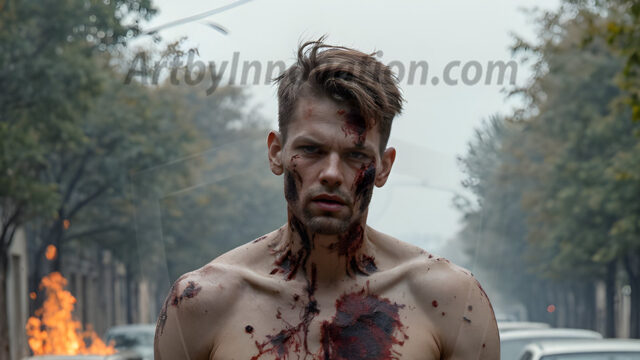 Twinkapocalypse, When Young Male Zombie Twinks, Attack. It's a zombie apocalypse, where young, handsome, freshly turned zombies, still handsome, and even sexy, wonder the city streets, looking for brains to eat. There are cars on fire, trash everywhere, chaos is in the amidst. A young man, covered with blood, dirty, with messy hair, with pale grey skin, dark circles around his eyes, and black lips, walking down a main city street. In this post-apocalyptic city, doing the classic, zombie walk, his head slightly tilted, mouth slightly opened, moaning, brains.