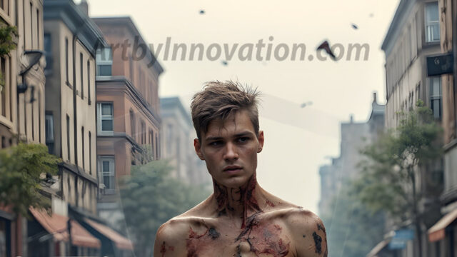 Twinkapocalypse, When Young Male Zombie Twinks, Attack. It's a zombie apocalypse, where young, handsome, freshly turned zombies, still handsome, and even sexy, wonder the city streets, looking for brains to eat. There are cars on fire, trash everywhere, chaos is in the amidst. A young man, covered with blood, dirty, with messy hair, with pale grey skin, dark circles around his eyes, and black lips, walking down a main city street. In this post-apocalyptic city, doing the classic, zombie walk, his head slightly tilted, mouth slightly opened, moaning, brains.