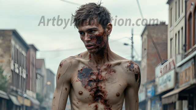 Twinkapocalypse, When Young Male Zombie Twinks, Attack. It's a zombie apocalypse, where young, handsome, freshly turned zombies, still handsome, and even sexy, wonder the city streets, looking for brains to eat. There are cars on fire, trash everywhere, chaos is in the amidst. A young man, covered with blood, dirty, with messy hair, with pale grey skin, dark circles around his eyes, and black lips, walking down a main city street. In this post-apocalyptic city, doing the classic, zombie walk, his head slightly tilted, mouth slightly opened, moaning, brains.