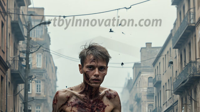 Twinkapocalypse, When Young Male Zombie Twinks, Attack. It's a zombie apocalypse, where young, handsome, freshly turned zombies, still handsome, and even sexy, wonder the city streets, looking for brains to eat. There are cars on fire, trash everywhere, chaos is in the amidst. A young man, covered with blood, dirty, with messy hair, with pale grey skin, dark circles around his eyes, and black lips, walking down a main city street. In this post-apocalyptic city, doing the classic, zombie walk, his head slightly tilted, mouth slightly opened, moaning, brains.