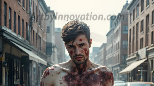 Twinkapocalypse, When Young Male Zombie Twinks, Attack. It's a zombie apocalypse, where young, handsome, freshly turned zombies, still handsome, and even sexy, wonder the city streets, looking for brains to eat. There are cars on fire, trash everywhere, chaos is in the amidst. A young man, covered with blood, dirty, with messy hair, with pale grey skin, dark circles around his eyes, and black lips, walking down a main city street. In this post-apocalyptic city, doing the classic, zombie walk, his head slightly tilted, mouth slightly opened, moaning, brains.