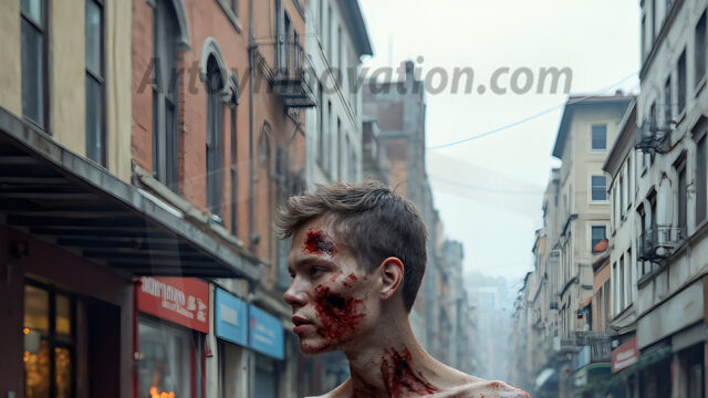 Twinkapocalypse, When Young Male Zombie Twinks, Attack. It's a zombie apocalypse, where young, handsome, freshly turned zombies, still handsome, and even sexy, wonder the city streets, looking for brains to eat. There are cars on fire, trash everywhere, chaos is in the amidst. A young man, covered with blood, dirty, with messy hair, with pale grey skin, dark circles around his eyes, and black lips, walking down a main city street. In this post-apocalyptic city, doing the classic, zombie walk, his head slightly tilted, mouth slightly opened, moaning, brains.