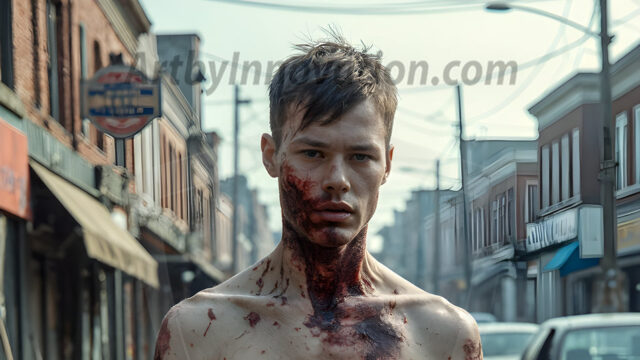 Twinkapocalypse, When Young Male Zombie Twinks, Attack. It's a zombie apocalypse, where young, handsome, freshly turned zombies, still handsome, and even sexy, wonder the city streets, looking for brains to eat. There are cars on fire, trash everywhere, chaos is in the amidst. A young man, covered with blood, dirty, with messy hair, with pale grey skin, dark circles around his eyes, and black lips, walking down a main city street. In this post-apocalyptic city, doing the classic, zombie walk, his head slightly tilted, mouth slightly opened, moaning, brains.