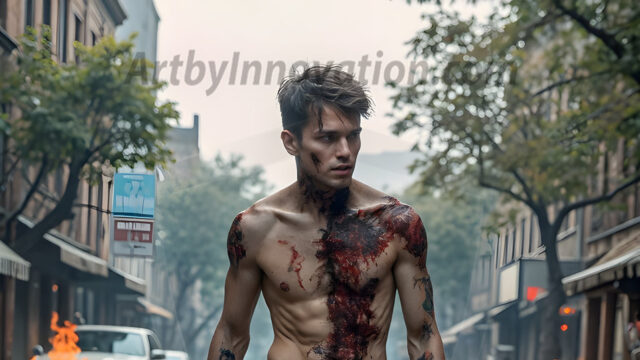 Twinkapocalypse, When Young Male Zombie Twinks, Attack. It's a zombie apocalypse, where young, handsome, freshly turned zombies, still handsome, and even sexy, wonder the city streets, looking for brains to eat. There are cars on fire, trash everywhere, chaos is in the amidst. A young man, covered with blood, dirty, with messy hair, with pale grey skin, dark circles around his eyes, and black lips, walking down a main city street. In this post-apocalyptic city, doing the classic, zombie walk, his head slightly tilted, mouth slightly opened, moaning, brains.