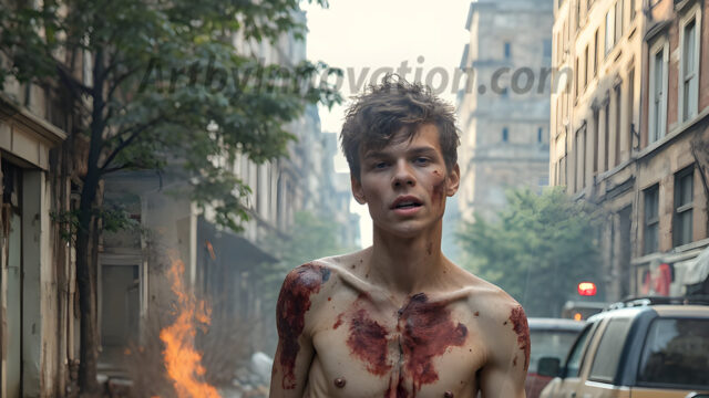 Twinkapocalypse, When Young Male Zombie Twinks, Attack. It's a zombie apocalypse, where young, handsome, freshly turned zombies, still handsome, and even sexy, wonder the city streets, looking for brains to eat. There are cars on fire, trash everywhere, chaos is in the amidst. A young man, covered with blood, dirty, with messy hair, with pale grey skin, dark circles around his eyes, and black lips, walking down a main city street. In this post-apocalyptic city, doing the classic, zombie walk, his head slightly tilted, mouth slightly opened, moaning, brains.