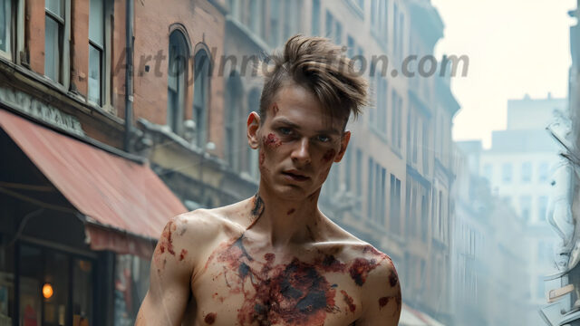 Twinkapocalypse, When Young Male Zombie Twinks, Attack. It's a zombie apocalypse, where young, handsome, freshly turned zombies, still handsome, and even sexy, wonder the city streets, looking for brains to eat. There are cars on fire, trash everywhere, chaos is in the amidst. A young man, covered with blood, dirty, with messy hair, with pale grey skin, dark circles around his eyes, and black lips, walking down a main city street. In this post-apocalyptic city, doing the classic, zombie walk, his head slightly tilted, mouth slightly opened, moaning, brains.