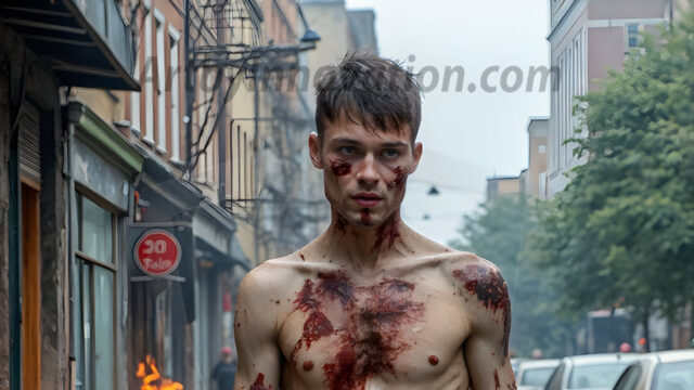 Twinkapocalypse, When Young Male Zombie Twinks, Attack. It's a zombie apocalypse, where young, handsome, freshly turned zombies, still handsome, and even sexy, wonder the city streets, looking for brains to eat. There are cars on fire, trash everywhere, chaos is in the amidst. A young man, covered with blood, dirty, with messy hair, with pale grey skin, dark circles around his eyes, and black lips, walking down a main city street. In this post-apocalyptic city, doing the classic, zombie walk, his head slightly tilted, mouth slightly opened, moaning, brains.