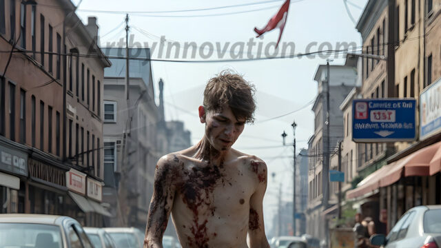 Twinkapocalypse, When Young Male Zombie Twinks, Attack. It's a zombie apocalypse, where young, handsome, freshly turned zombies, still handsome, and even sexy, wonder the city streets, looking for brains to eat. There are cars on fire, trash everywhere, chaos is in the amidst. A young man, covered with blood, dirty, with messy hair, with pale grey skin, dark circles around his eyes, and black lips, walking down a main city street. In this post-apocalyptic city, doing the classic, zombie walk, his head slightly tilted, mouth slightly opened, moaning, brains.