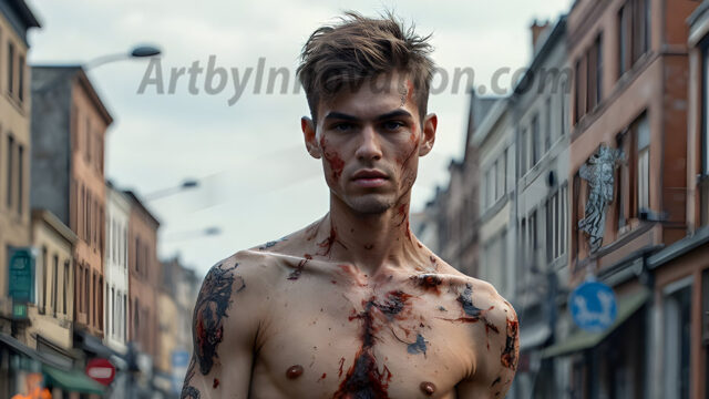 Twinkapocalypse, When Young Male Zombie Twinks, Attack. It's a zombie apocalypse, where young, handsome, freshly turned zombies, still handsome, and even sexy, wonder the city streets, looking for brains to eat. There are cars on fire, trash everywhere, chaos is in the amidst. A young man, covered with blood, dirty, with messy hair, with pale grey skin, dark circles around his eyes, and black lips, walking down a main city street. In this post-apocalyptic city, doing the classic, zombie walk, his head slightly tilted, mouth slightly opened, moaning, brains.