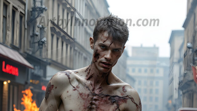 Twinkapocalypse, When Young Male Zombie Twinks, Attack. It's a zombie apocalypse, where young, handsome, freshly turned zombies, still handsome, and even sexy, wonder the city streets, looking for brains to eat. There are cars on fire, trash everywhere, chaos is in the amidst. A young man, covered with blood, dirty, with messy hair, with pale grey skin, dark circles around his eyes, and black lips, walking down a main city street. In this post-apocalyptic city, doing the classic, zombie walk, his head slightly tilted, mouth slightly opened, moaning, brains.