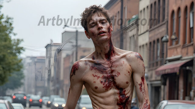 Twinkapocalypse, When Young Male Zombie Twinks, Attack. It's a zombie apocalypse, where young, handsome, freshly turned zombies, still handsome, and even sexy, wonder the city streets, looking for brains to eat. There are cars on fire, trash everywhere, chaos is in the amidst. A young man, covered with blood, dirty, with messy hair, with pale grey skin, dark circles around his eyes, and black lips, walking down a main city street. In this post-apocalyptic city, doing the classic, zombie walk, his head slightly tilted, mouth slightly opened, moaning, brains.