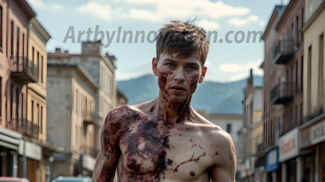 Twinkapocalypse, When Young Male Zombie Twinks, Attack. It's a zombie apocalypse, where young, handsome, freshly turned zombies, still handsome, and even sexy, wonder the city streets, looking for brains to eat. There are cars on fire, trash everywhere, chaos is in the amidst. A young man, covered with blood, dirty, with messy hair, with pale grey skin, dark circles around his eyes, and black lips, walking down a main city street. In this post-apocalyptic city, doing the classic, zombie walk, his head slightly tilted, mouth slightly opened, moaning, brains.