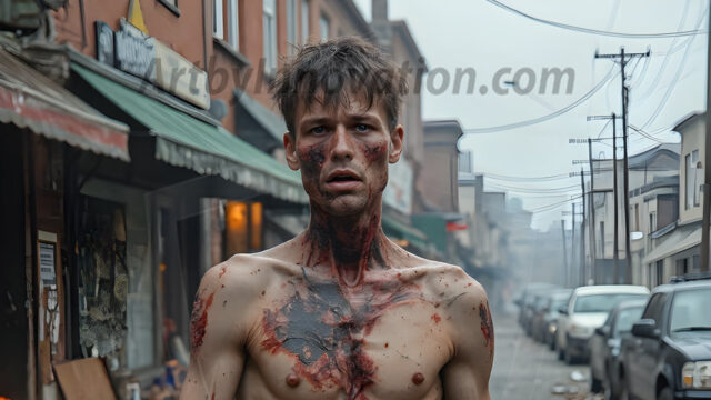 Twinkapocalypse, When Young Male Zombie Twinks, Attack. It's a zombie apocalypse, where young, handsome, freshly turned zombies, still handsome, and even sexy, wonder the city streets, looking for brains to eat. There are cars on fire, trash everywhere, chaos is in the amidst. A young man, covered with blood, dirty, with messy hair, with pale grey skin, dark circles around his eyes, and black lips, walking down a main city street. In this post-apocalyptic city, doing the classic, zombie walk, his head slightly tilted, mouth slightly opened, moaning, brains.