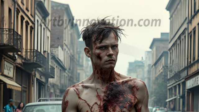 Twinkapocalypse, When Young Male Zombie Twinks, Attack. It's a zombie apocalypse, where young, handsome, freshly turned zombies, still handsome, and even sexy, wonder the city streets, looking for brains to eat. There are cars on fire, trash everywhere, chaos is in the amidst. A young man, covered with blood, dirty, with messy hair, with pale grey skin, dark circles around his eyes, and black lips, walking down a main city street. In this post-apocalyptic city, doing the classic, zombie walk, his head slightly tilted, mouth slightly opened, moaning, brains.