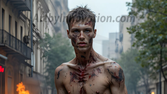 Twinkapocalypse, When Young Male Zombie Twinks, Attack. It's a zombie apocalypse, where young, handsome, freshly turned zombies, still handsome, and even sexy, wonder the city streets, looking for brains to eat. There are cars on fire, trash everywhere, chaos is in the amidst. A young man, covered with blood, dirty, with messy hair, with pale grey skin, dark circles around his eyes, and black lips, walking down a main city street. In this post-apocalyptic city, doing the classic, zombie walk, his head slightly tilted, mouth slightly opened, moaning, brains.