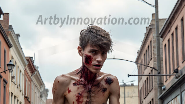 Twinkapocalypse, When Young Male Zombie Twinks, Attack. It's a zombie apocalypse, where young, handsome, freshly turned zombies, still handsome, and even sexy, wonder the city streets, looking for brains to eat. There are cars on fire, trash everywhere, chaos is in the amidst. A young man, covered with blood, dirty, with messy hair, with pale grey skin, dark circles around his eyes, and black lips, walking down a main city street. In this post-apocalyptic city, doing the classic, zombie walk, his head slightly tilted, mouth slightly opened, moaning, brains.