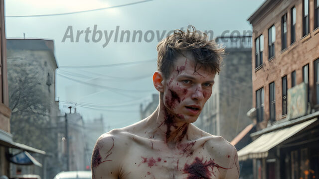 Twinkapocalypse, When Young Male Zombie Twinks, Attack. It's a zombie apocalypse, where young, handsome, freshly turned zombies, still handsome, and even sexy, wonder the city streets, looking for brains to eat. There are cars on fire, trash everywhere, chaos is in the amidst. A young man, covered with blood, dirty, with messy hair, with pale grey skin, dark circles around his eyes, and black lips, walking down a main city street. In this post-apocalyptic city, doing the classic, zombie walk, his head slightly tilted, mouth slightly opened, moaning, brains.