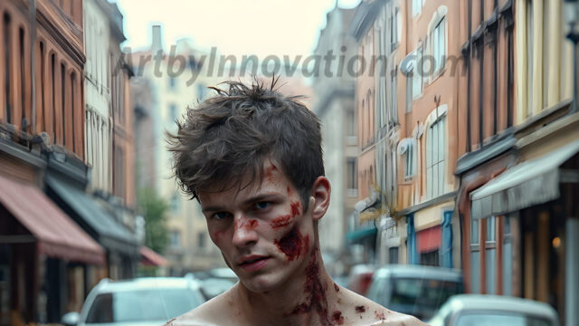 Twinkapocalypse, When Young Male Zombie Twinks, Attack. It's a zombie apocalypse, where young, handsome, freshly turned zombies, still handsome, and even sexy, wonder the city streets, looking for brains to eat. There are cars on fire, trash everywhere, chaos is in the amidst. A young man, covered with blood, dirty, with messy hair, with pale grey skin, dark circles around his eyes, and black lips, walking down a main city street. In this post-apocalyptic city, doing the classic, zombie walk, his head slightly tilted, mouth slightly opened, moaning, brains.