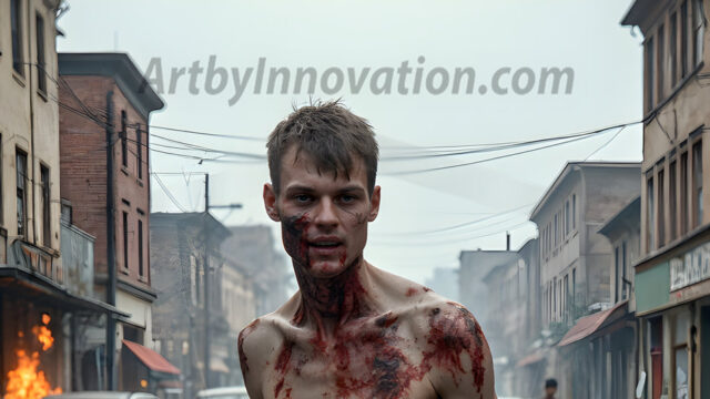 Twinkapocalypse, When Young Male Zombie Twinks, Attack. It's a zombie apocalypse, where young, handsome, freshly turned zombies, still handsome, and even sexy, wonder the city streets, looking for brains to eat. There are cars on fire, trash everywhere, chaos is in the amidst. A young man, covered with blood, dirty, with messy hair, with pale grey skin, dark circles around his eyes, and black lips, walking down a main city street. In this post-apocalyptic city, doing the classic, zombie walk, his head slightly tilted, mouth slightly opened, moaning, brains.