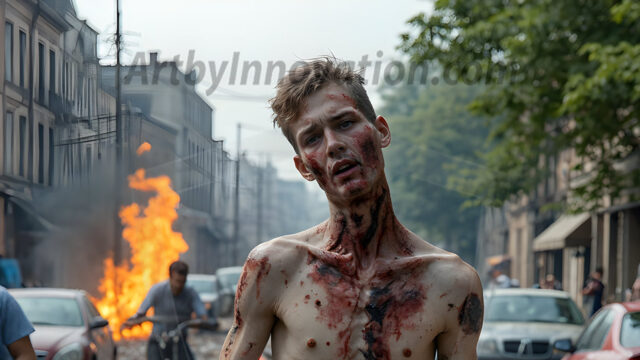 Twinkapocalypse, When Young Male Zombie Twinks, Attack. It's a zombie apocalypse, where young, handsome, freshly turned zombies, still handsome, and even sexy, wonder the city streets, looking for brains to eat. There are cars on fire, trash everywhere, chaos is in the amidst. A young man, covered with blood, dirty, with messy hair, with pale grey skin, dark circles around his eyes, and black lips, walking down a main city street. In this post-apocalyptic city, doing the classic, zombie walk, his head slightly tilted, mouth slightly opened, moaning, brains.