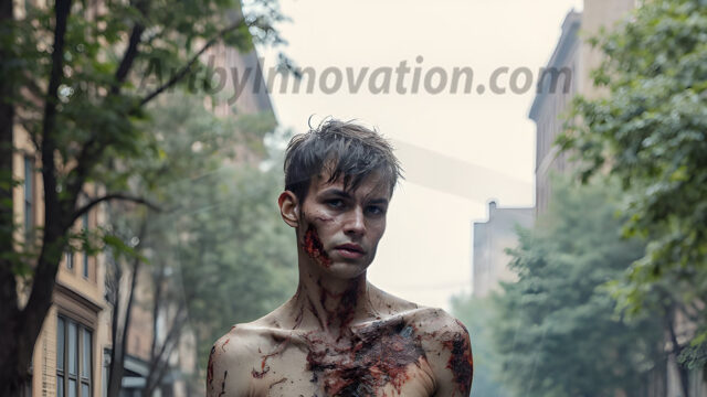 Twinkapocalypse, When Young Male Zombie Twinks, Attack. It's a zombie apocalypse, where young, handsome, freshly turned zombies, still handsome, and even sexy, wonder the city streets, looking for brains to eat. There are cars on fire, trash everywhere, chaos is in the amidst. A young man, covered with blood, dirty, with messy hair, with pale grey skin, dark circles around his eyes, and black lips, walking down a main city street. In this post-apocalyptic city, doing the classic, zombie walk, his head slightly tilted, mouth slightly opened, moaning, brains.