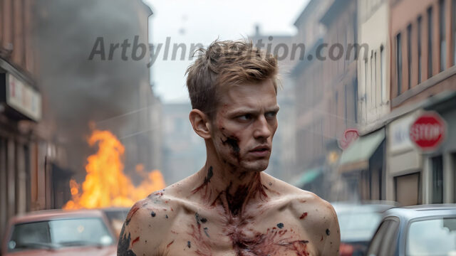 Twinkapocalypse, When Young Male Zombie Twinks, Attack. It's a zombie apocalypse, where young, handsome, freshly turned zombies, still handsome, and even sexy, wonder the city streets, looking for brains to eat. There are cars on fire, trash everywhere, chaos is in the amidst. A young man, covered with blood, dirty, with messy hair, with pale grey skin, dark circles around his eyes, and black lips, walking down a main city street. In this post-apocalyptic city, doing the classic, zombie walk, his head slightly tilted, mouth slightly opened, moaning, brains.