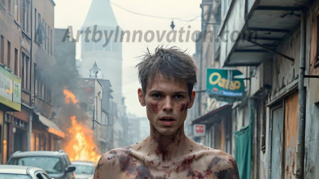 Twinkapocalypse, When Young Male Zombie Twinks, Attack. It's a zombie apocalypse, where young, handsome, freshly turned zombies, still handsome, and even sexy, wonder the city streets, looking for brains to eat. There are cars on fire, trash everywhere, chaos is in the amidst. A young man, covered with blood, dirty, with messy hair, with pale grey skin, dark circles around his eyes, and black lips, walking down a main city street. In this post-apocalyptic city, doing the classic, zombie walk, his head slightly tilted, mouth slightly opened, moaning, brains.