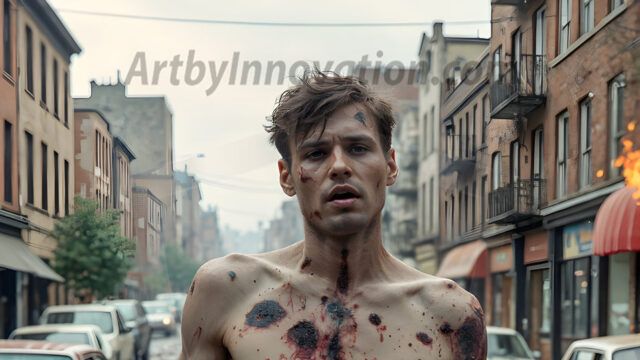 Twinkapocalypse, When Young Male Zombie Twinks, Attack. It's a zombie apocalypse, where young, handsome, freshly turned zombies, still handsome, and even sexy, wonder the city streets, looking for brains to eat. There are cars on fire, trash everywhere, chaos is in the amidst. A young man, covered with blood, dirty, with messy hair, with pale grey skin, dark circles around his eyes, and black lips, walking down a main city street. In this post-apocalyptic city, doing the classic, zombie walk, his head slightly tilted, mouth slightly opened, moaning, brains.