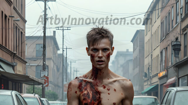 Twinkapocalypse, When Young Male Zombie Twinks, Attack. It's a zombie apocalypse, where young, handsome, freshly turned zombies, still handsome, and even sexy, wonder the city streets, looking for brains to eat. There are cars on fire, trash everywhere, chaos is in the amidst. A young man, covered with blood, dirty, with messy hair, with pale grey skin, dark circles around his eyes, and black lips, walking down a main city street. In this post-apocalyptic city, doing the classic, zombie walk, his head slightly tilted, mouth slightly opened, moaning, brains.