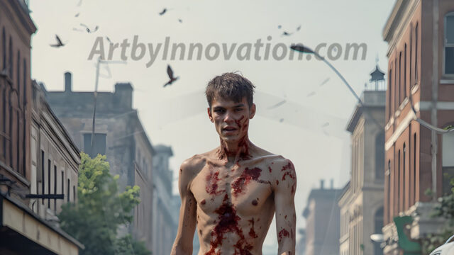 Twinkapocalypse, When Young Male Zombie Twinks, Attack. It's a zombie apocalypse, where young, handsome, freshly turned zombies, still handsome, and even sexy, wonder the city streets, looking for brains to eat. There are cars on fire, trash everywhere, chaos is in the amidst. A young man, covered with blood, dirty, with messy hair, with pale grey skin, dark circles around his eyes, and black lips, walking down a main city street. In this post-apocalyptic city, doing the classic, zombie walk, his head slightly tilted, mouth slightly opened, moaning, brains.