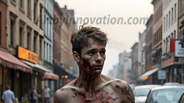 Twinkapocalypse, When Young Male Zombie Twinks, Attack. It's a zombie apocalypse, where young, handsome, freshly turned zombies, still handsome, and even sexy, wonder the city streets, looking for brains to eat. There are cars on fire, trash everywhere, chaos is in the amidst. A young man, covered with blood, dirty, with messy hair, with pale grey skin, dark circles around his eyes, and black lips, walking down a main city street. In this post-apocalyptic city, doing the classic, zombie walk, his head slightly tilted, mouth slightly opened, moaning, brains.