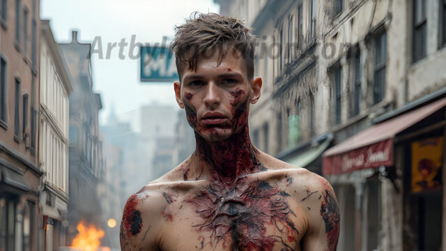 Twinkapocalypse, When Young Male Zombie Twinks, Attack. It's a zombie apocalypse, where young, handsome, freshly turned zombies, still handsome, and even sexy, wonder the city streets, looking for brains to eat. There are cars on fire, trash everywhere, chaos is in the amidst. A young man, covered with blood, dirty, with messy hair, with pale grey skin, dark circles around his eyes, and black lips, walking down a main city street. In this post-apocalyptic city, doing the classic, zombie walk, his head slightly tilted, mouth slightly opened, moaning, brains.