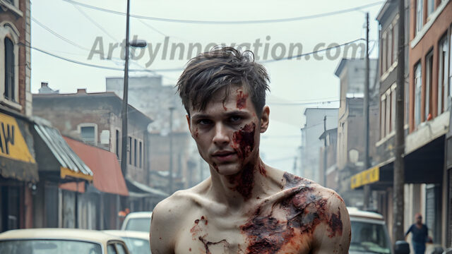 Twinkapocalypse, When Young Male Zombie Twinks, Attack. It's a zombie apocalypse, where young, handsome, freshly turned zombies, still handsome, and even sexy, wonder the city streets, looking for brains to eat. There are cars on fire, trash everywhere, chaos is in the amidst. A young man, covered with blood, dirty, with messy hair, with pale grey skin, dark circles around his eyes, and black lips, walking down a main city street. In this post-apocalyptic city, doing the classic, zombie walk, his head slightly tilted, mouth slightly opened, moaning, brains.