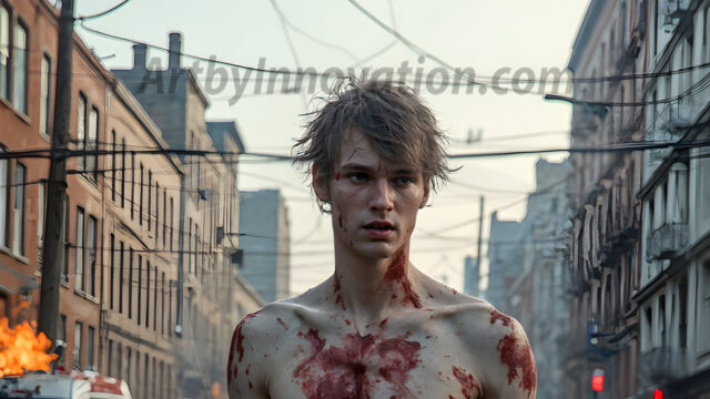 Twinkapocalypse, When Young Male Zombie Twinks, Attack. It's a zombie apocalypse, where young, handsome, freshly turned zombies, still handsome, and even sexy, wonder the city streets, looking for brains to eat. There are cars on fire, trash everywhere, chaos is in the amidst. A young man, covered with blood, dirty, with messy hair, with pale grey skin, dark circles around his eyes, and black lips, walking down a main city street. In this post-apocalyptic city, doing the classic, zombie walk, his head slightly tilted, mouth slightly opened, moaning, brains.