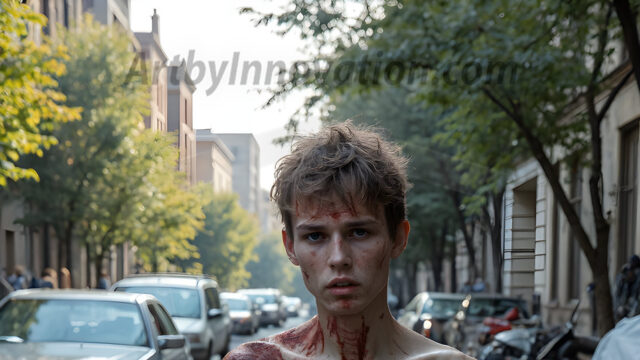 Twinkapocalypse, When Young Male Zombie Twinks, Attack. It's a zombie apocalypse, where young, handsome, freshly turned zombies, still handsome, and even sexy, wonder the city streets, looking for brains to eat. There are cars on fire, trash everywhere, chaos is in the amidst. A young man, covered with blood, dirty, with messy hair, with pale grey skin, dark circles around his eyes, and black lips, walking down a main city street. In this post-apocalyptic city, doing the classic, zombie walk, his head slightly tilted, mouth slightly opened, moaning, brains.