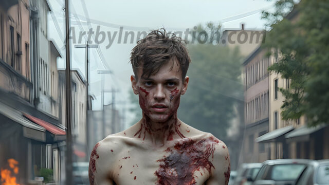 Twinkapocalypse, When Young Male Zombie Twinks, Attack. It's a zombie apocalypse, where young, handsome, freshly turned zombies, still handsome, and even sexy, wonder the city streets, looking for brains to eat. There are cars on fire, trash everywhere, chaos is in the amidst. A young man, covered with blood, dirty, with messy hair, with pale grey skin, dark circles around his eyes, and black lips, walking down a main city street. In this post-apocalyptic city, doing the classic, zombie walk, his head slightly tilted, mouth slightly opened, moaning, brains.