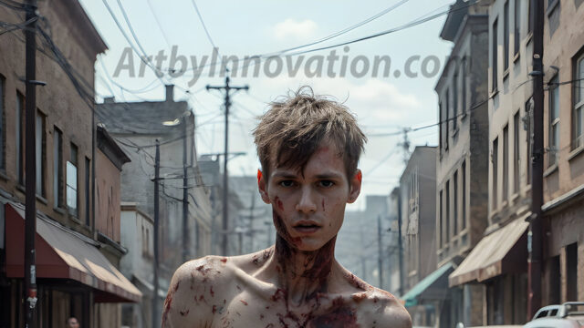 Twinkapocalypse, When Young Male Zombie Twinks, Attack. It's a zombie apocalypse, where young, handsome, freshly turned zombies, still handsome, and even sexy, wonder the city streets, looking for brains to eat. There are cars on fire, trash everywhere, chaos is in the amidst. A young man, covered with blood, dirty, with messy hair, with pale grey skin, dark circles around his eyes, and black lips, walking down a main city street. In this post-apocalyptic city, doing the classic, zombie walk, his head slightly tilted, mouth slightly opened, moaning, brains.