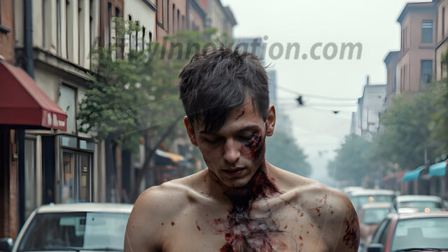 Twinkapocalypse, When Young Male Zombie Twinks, Attack. It's a zombie apocalypse, where young, handsome, freshly turned zombies, still handsome, and even sexy, wonder the city streets, looking for brains to eat. There are cars on fire, trash everywhere, chaos is in the amidst. A young man, covered with blood, dirty, with messy hair, with pale grey skin, dark circles around his eyes, and black lips, walking down a main city street. In this post-apocalyptic city, doing the classic, zombie walk, his head slightly tilted, mouth slightly opened, moaning, brains.