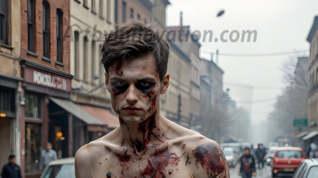 Twinkapocalypse, When Young Male Zombie Twinks, Attack. It's a zombie apocalypse, where young, handsome, freshly turned zombies, still handsome, and even sexy, wonder the city streets, looking for brains to eat. There are cars on fire, trash everywhere, chaos is in the amidst. A young man, covered with blood, dirty, with messy hair, with pale grey skin, dark circles around his eyes, and black lips, walking down a main city street. In this post-apocalyptic city, doing the classic, zombie walk, his head slightly tilted, mouth slightly opened, moaning, brains.