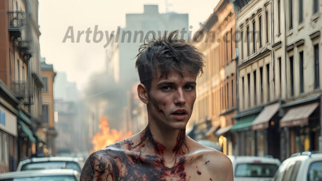 Twinkapocalypse, When Young Male Zombie Twinks, Attack. It's a zombie apocalypse, where young, handsome, freshly turned zombies, still handsome, and even sexy, wonder the city streets, looking for brains to eat. There are cars on fire, trash everywhere, chaos is in the amidst. A young man, covered with blood, dirty, with messy hair, with pale grey skin, dark circles around his eyes, and black lips, walking down a main city street. In this post-apocalyptic city, doing the classic, zombie walk, his head slightly tilted, mouth slightly opened, moaning, brains.