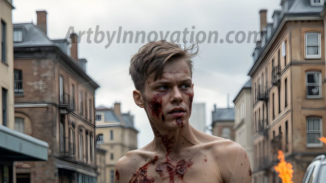 Twinkapocalypse, When Young Male Zombie Twinks, Attack. It's a zombie apocalypse, where young, handsome, freshly turned zombies, still handsome, and even sexy, wonder the city streets, looking for brains to eat. There are cars on fire, trash everywhere, chaos is in the amidst. A young man, covered with blood, dirty, with messy hair, with pale grey skin, dark circles around his eyes, and black lips, walking down a main city street. In this post-apocalyptic city, doing the classic, zombie walk, his head slightly tilted, mouth slightly opened, moaning, brains.