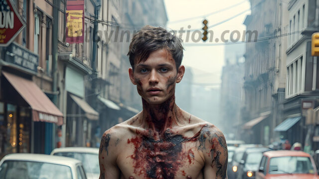 Twinkapocalypse, When Young Male Zombie Twinks, Attack. It's a zombie apocalypse, where young, handsome, freshly turned zombies, still handsome, and even sexy, wonder the city streets, looking for brains to eat. There are cars on fire, trash everywhere, chaos is in the amidst. A young man, covered with blood, dirty, with messy hair, with pale grey skin, dark circles around his eyes, and black lips, walking down a main city street. In this post-apocalyptic city, doing the classic, zombie walk, his head slightly tilted, mouth slightly opened, moaning, brains.