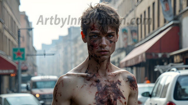 Twinkapocalypse, When Young Male Zombie Twinks, Attack. It's a zombie apocalypse, where young, handsome, freshly turned zombies, still handsome, and even sexy, wonder the city streets, looking for brains to eat. There are cars on fire, trash everywhere, chaos is in the amidst. A young man, covered with blood, dirty, with messy hair, with pale grey skin, dark circles around his eyes, and black lips, walking down a main city street. In this post-apocalyptic city, doing the classic, zombie walk, his head slightly tilted, mouth slightly opened, moaning, brains.