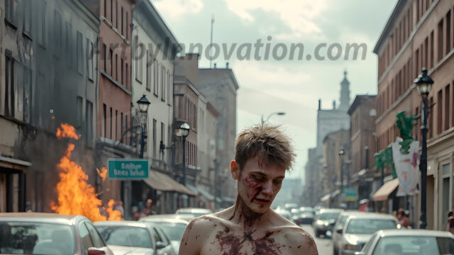 Twinkapocalypse, When Young Male Zombie Twinks, Attack. It's a zombie apocalypse, where young, handsome, freshly turned zombies, still handsome, and even sexy, wonder the city streets, looking for brains to eat. There are cars on fire, trash everywhere, chaos is in the amidst. A young man, covered with blood, dirty, with messy hair, with pale grey skin, dark circles around his eyes, and black lips, walking down a main city street. In this post-apocalyptic city, doing the classic, zombie walk, his head slightly tilted, mouth slightly opened, moaning, brains.