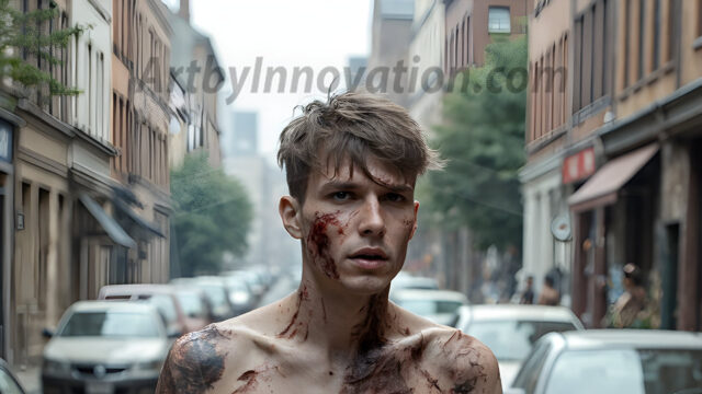 Twinkapocalypse, When Young Male Zombie Twinks, Attack. It's a zombie apocalypse, where young, handsome, freshly turned zombies, still handsome, and even sexy, wonder the city streets, looking for brains to eat. There are cars on fire, trash everywhere, chaos is in the amidst. A young man, covered with blood, dirty, with messy hair, with pale grey skin, dark circles around his eyes, and black lips, walking down a main city street. In this post-apocalyptic city, doing the classic, zombie walk, his head slightly tilted, mouth slightly opened, moaning, brains.