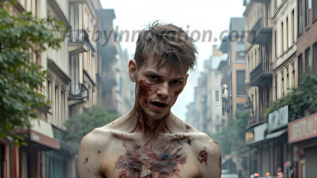 Twinkapocalypse, When Young Male Zombie Twinks, Attack. It's a zombie apocalypse, where young, handsome, freshly turned zombies, still handsome, and even sexy, wonder the city streets, looking for brains to eat. There are cars on fire, trash everywhere, chaos is in the amidst. A young man, covered with blood, dirty, with messy hair, with pale grey skin, dark circles around his eyes, and black lips, walking down a main city street. In this post-apocalyptic city, doing the classic, zombie walk, his head slightly tilted, mouth slightly opened, moaning, brains.